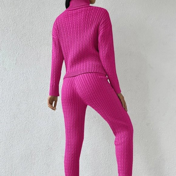 Pink Preppy Womens Turtle Neck Drop Shoulder Cable Knit Sweater & Knit Pants - Picture 5 of 5